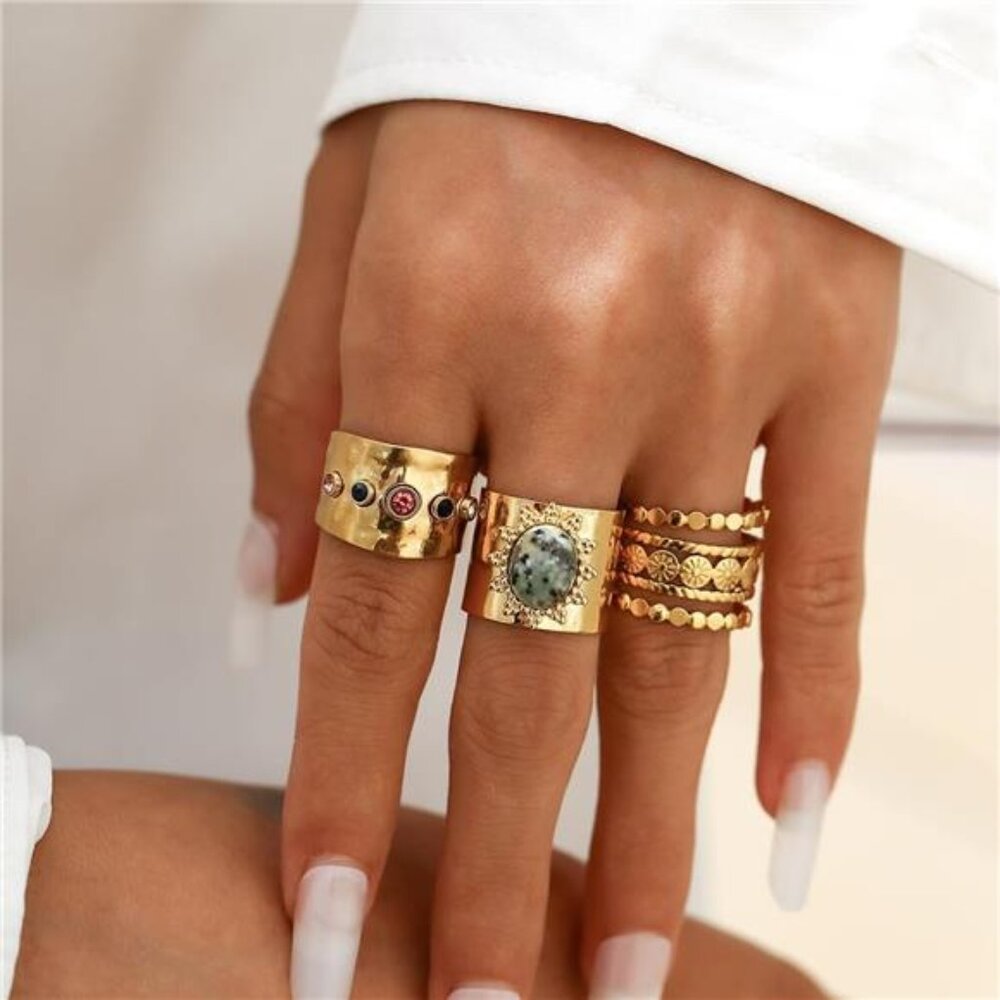 Dainty Gold Wide Band Ring Set | Adjustable Chunky Crystal Thumb & Knuckle Rings